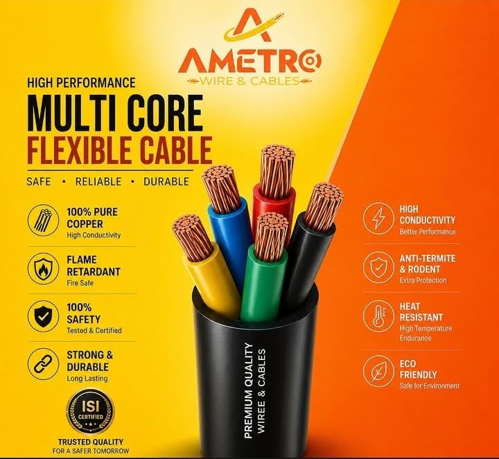 Ametro high performance flexible cable with 100% pure copper strands, flame retardant and ISI certified
